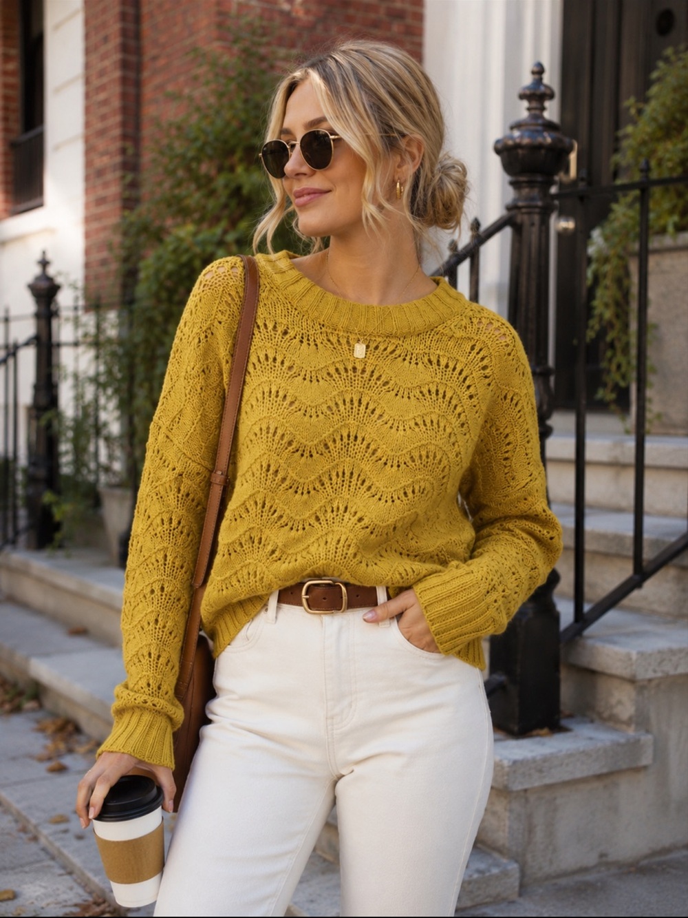 American Eagle Mustard Crochet Knit Oversized Sweater Small